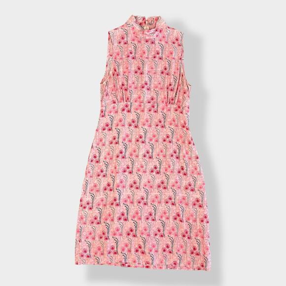 French Connection Pink 100% Silk Sleeveless Mock Neck Floral Dress Size 8 - Picture 6 of 10